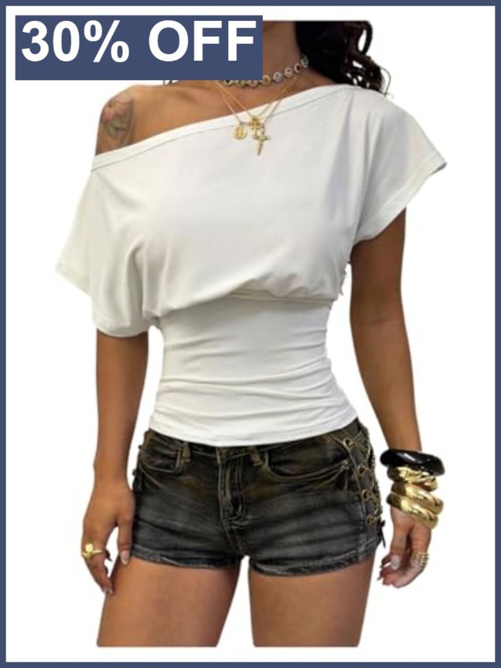 Off the Shoulder Ruch T Shirt Cinched Waist Going Out Top